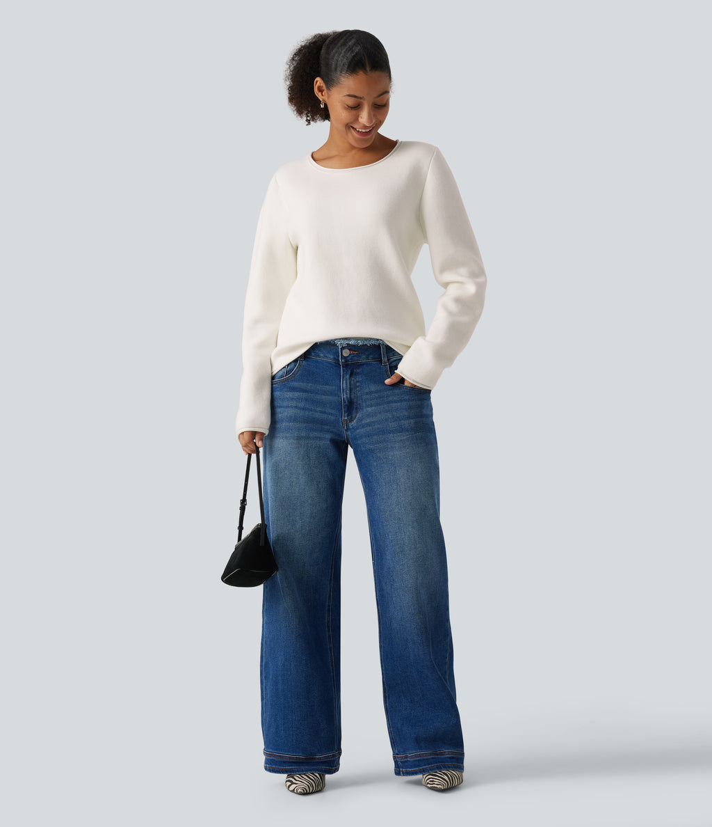 Round Neck Dropped Shoulder Long Sleeve Sweater — White — view 8