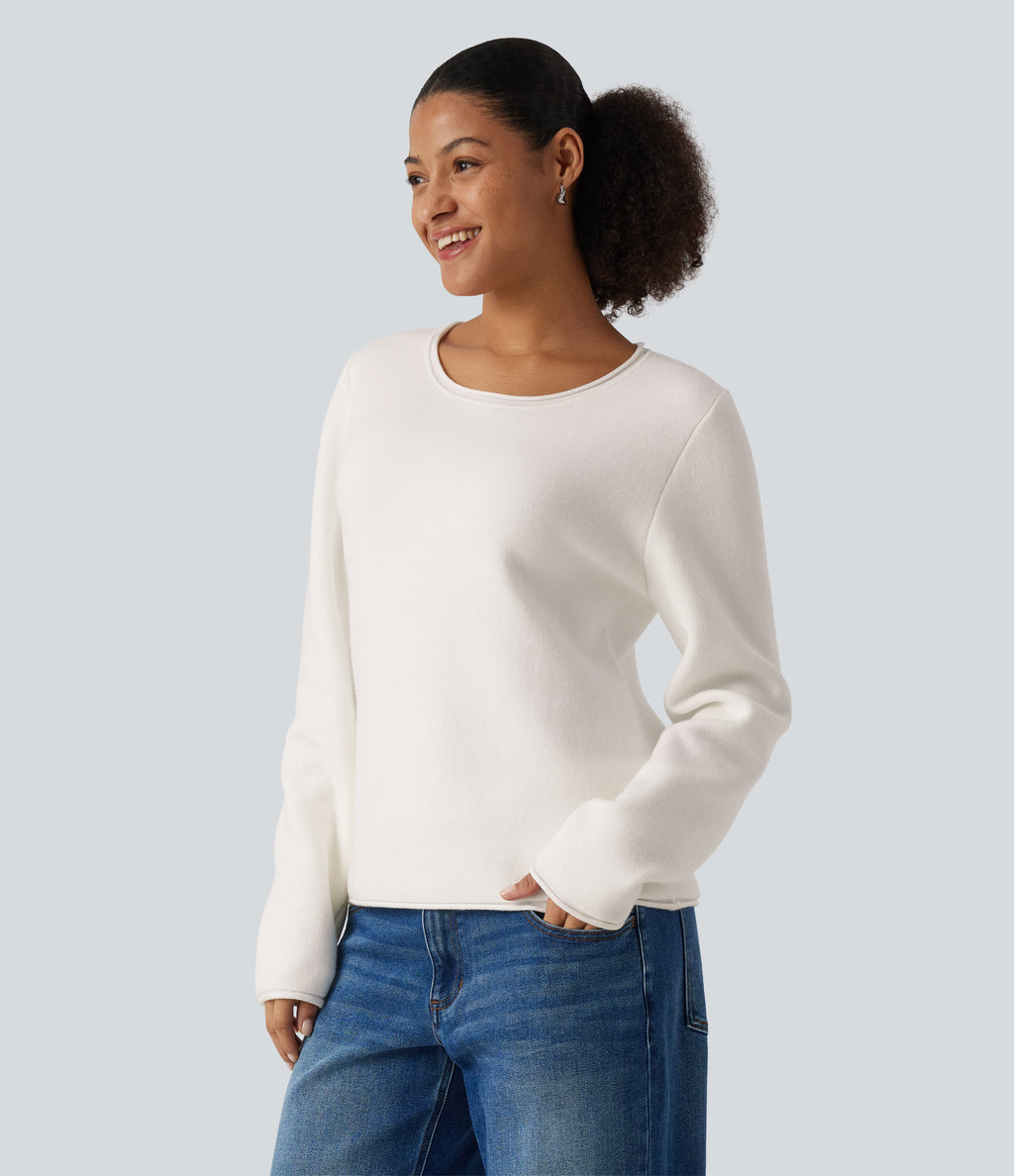 Round Neck Dropped Shoulder Long Sleeve Sweater — White — view 3