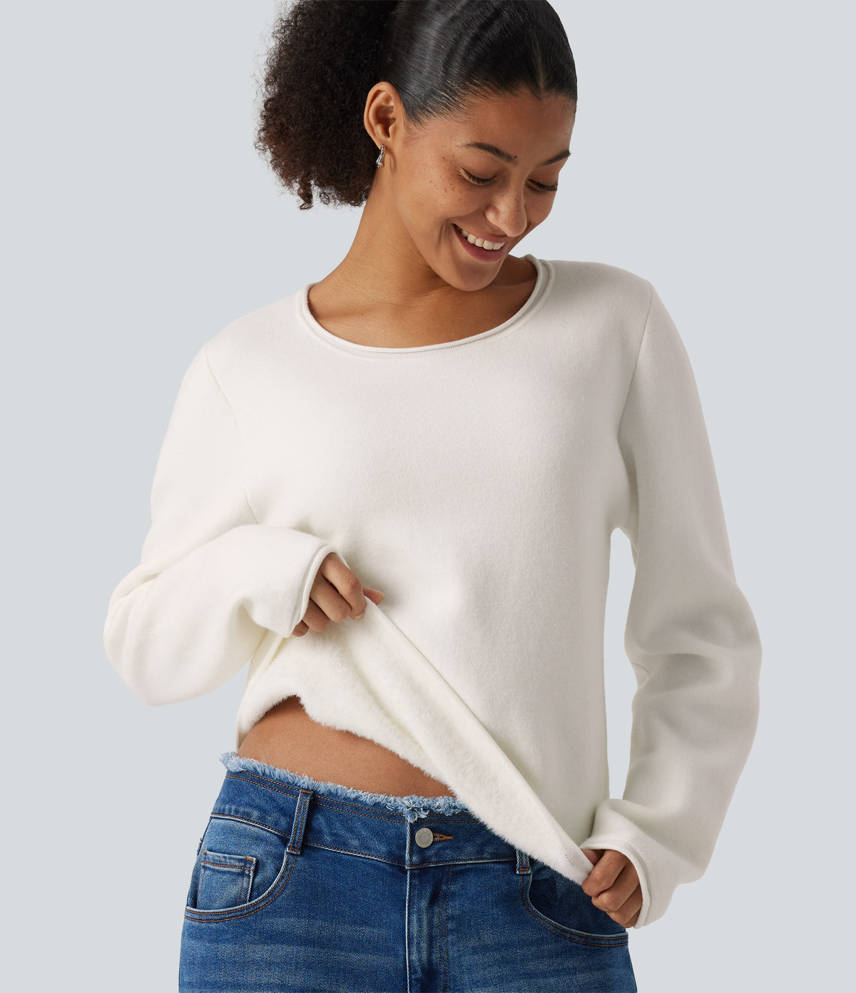 Round Neck Dropped Shoulder Long Sleeve Sweater — White — view 5