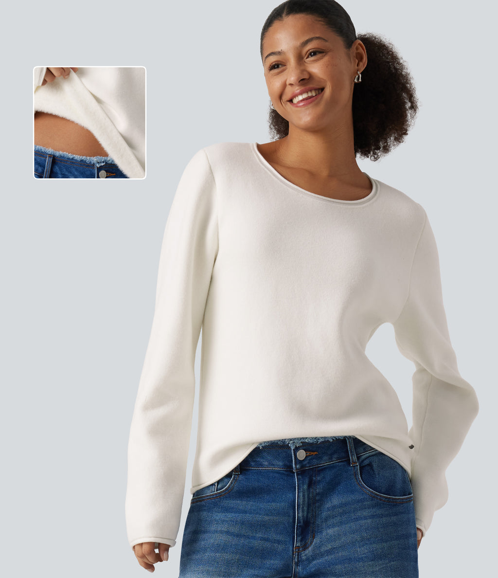 Round Neck Dropped Shoulder Long Sleeve Sweater — White — view 1