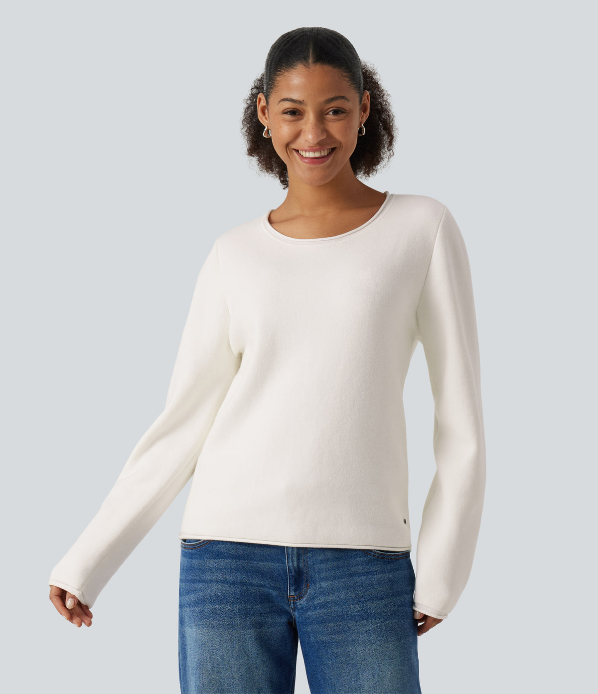 Round Neck Dropped Shoulder Long Sleeve Sweater — White — view 4