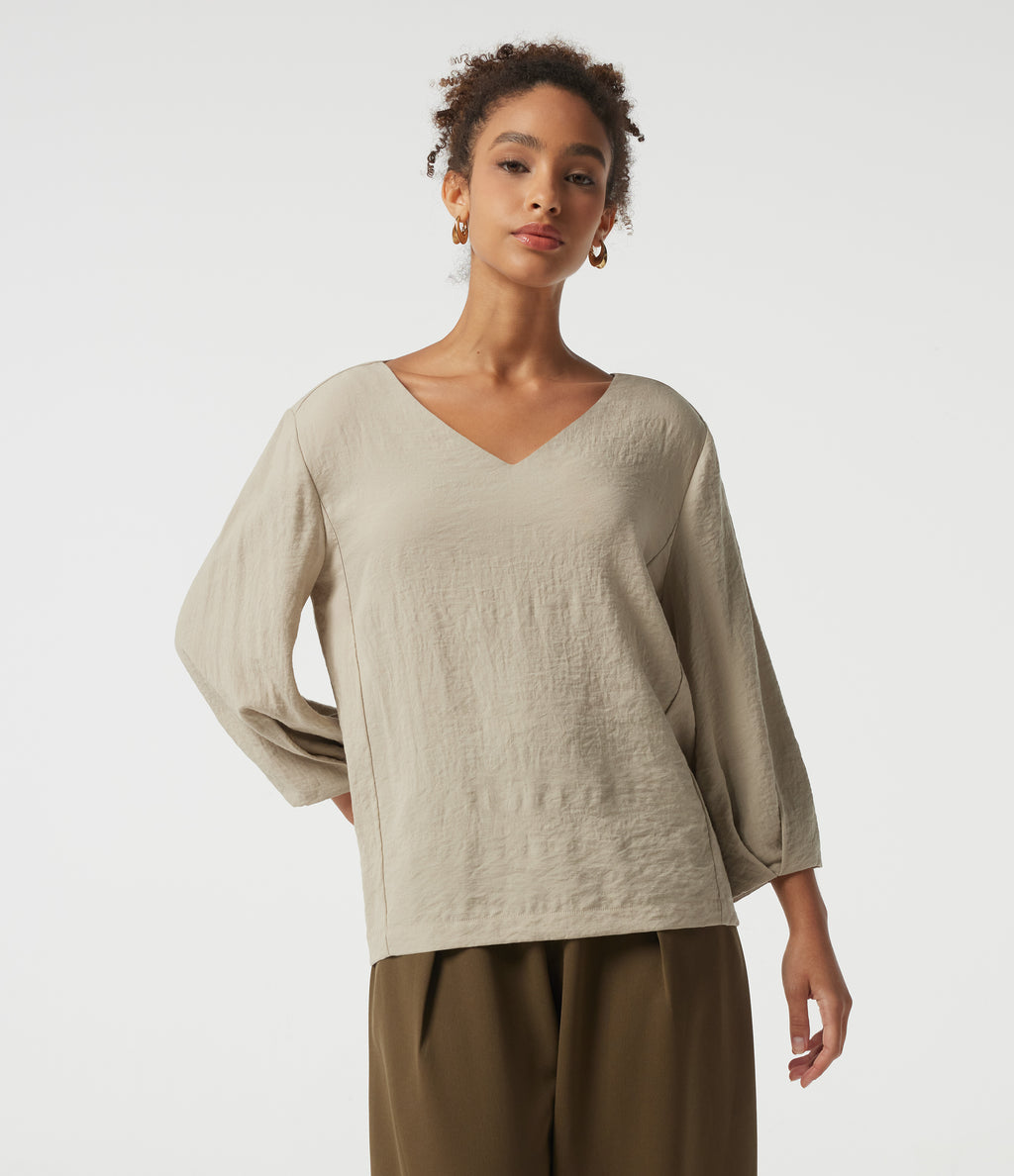 V Neck Bubble Long Sleeve Work Blouse — Feather Gray — view 4