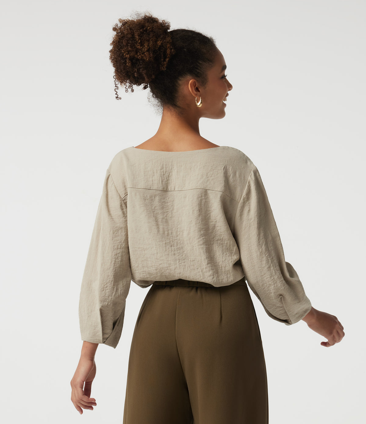 V Neck Bubble Long Sleeve Work Blouse — Feather Gray — view 2