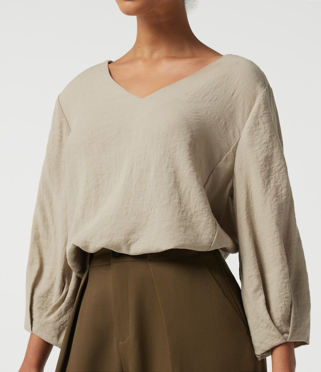 V Neck Bubble Long Sleeve Work Blouse — Feather Gray — view 5