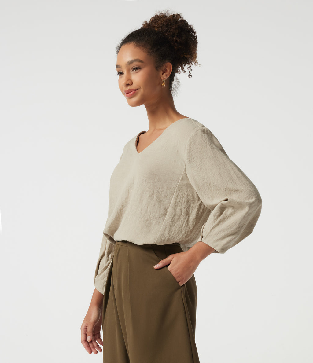V Neck Bubble Long Sleeve Work Blouse — Feather Gray — view 3