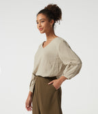 V Neck Bubble Long Sleeve Work Blouse — Feather Gray — view 3
