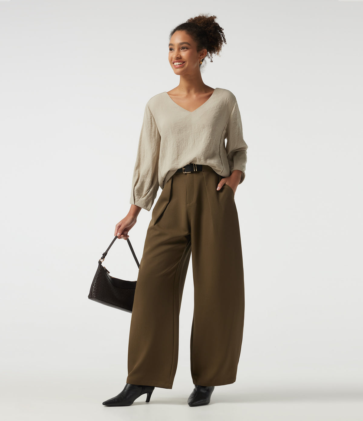 V Neck Bubble Long Sleeve Work Blouse — Feather Gray — view 6