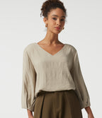 V Neck Bubble Long Sleeve Work Blouse — Feather Gray — view 1