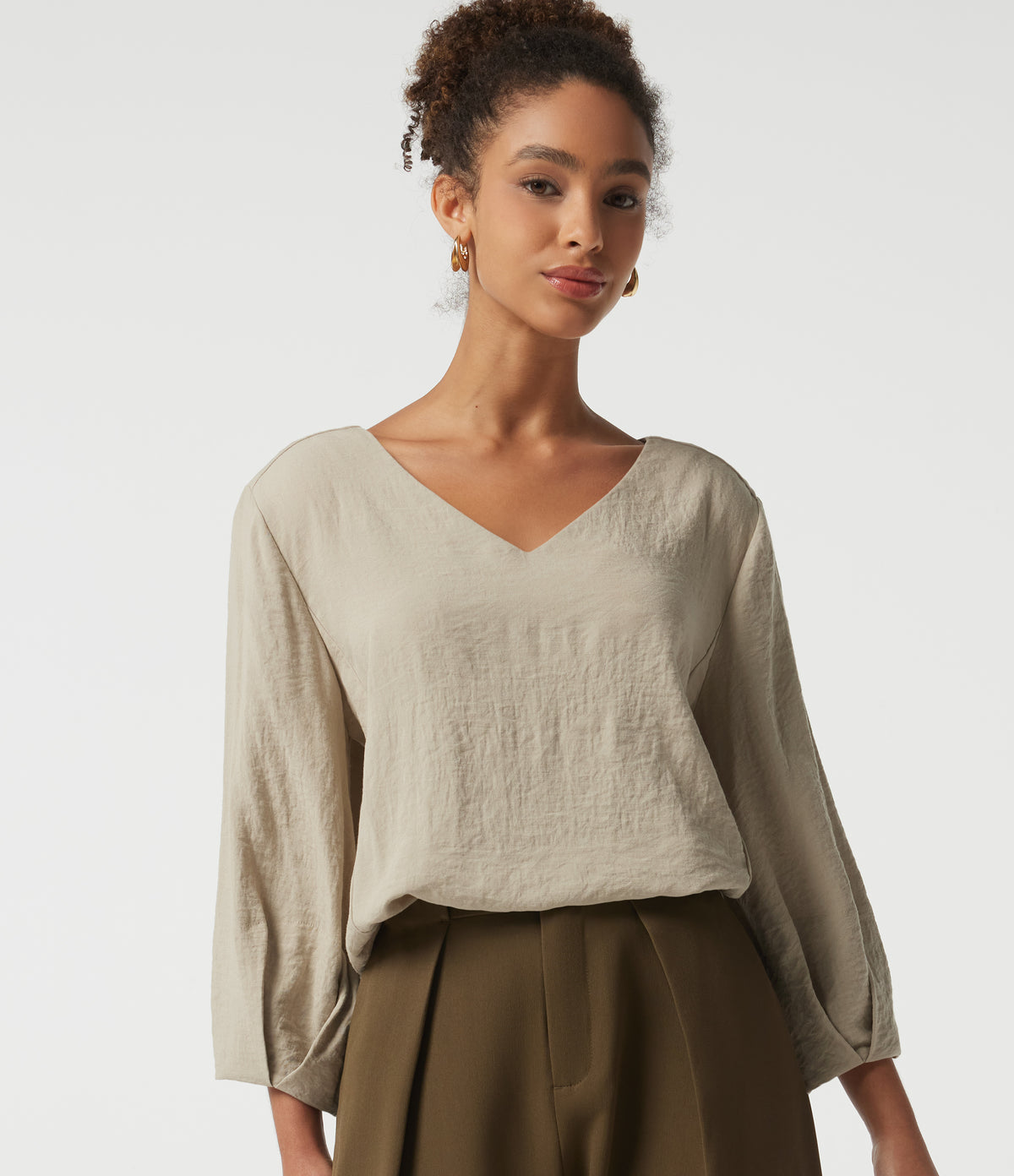 V Neck Bubble Long Sleeve Work Blouse — Feather Gray — view 1