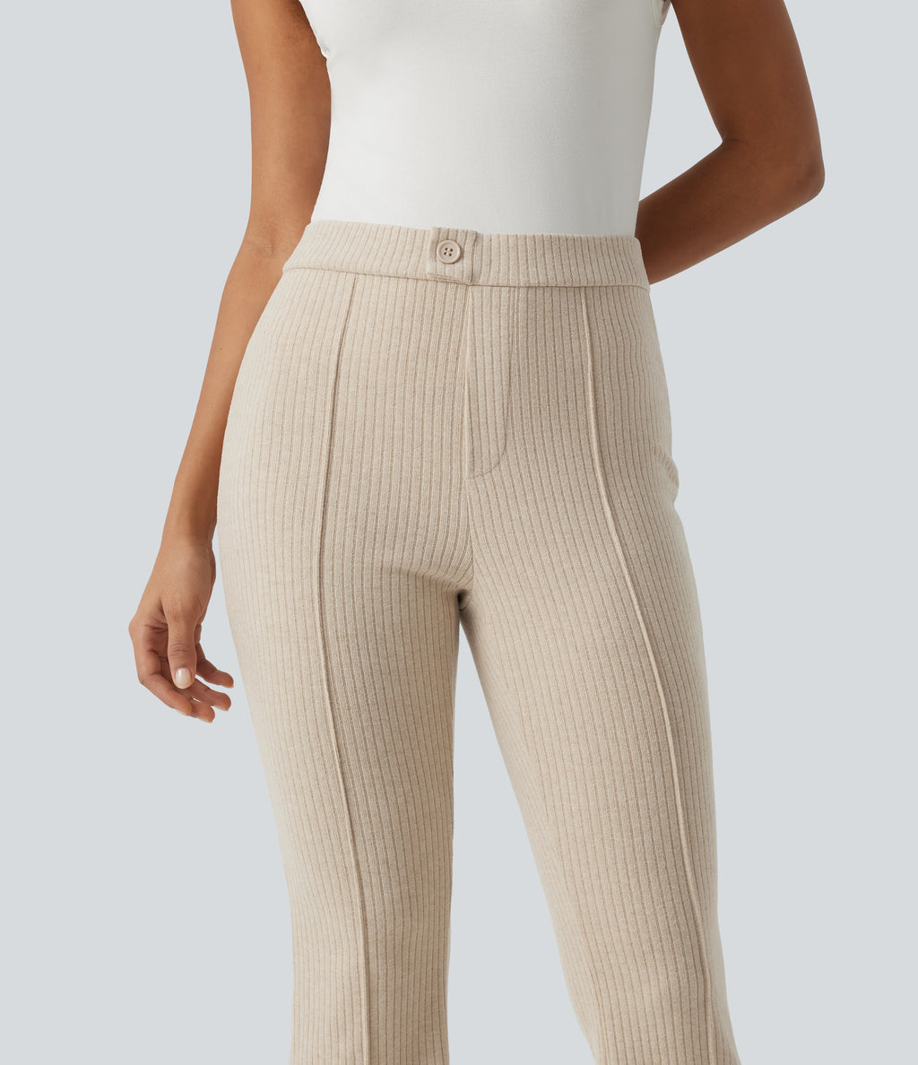 Ribbed Knit High Waisted Pintuck Casual Flare Trousers with Pockets — Fog — view 4