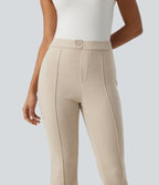 Ribbed Knit High Waisted Pintuck Casual Flare Trousers with Pockets — Fog — view 4