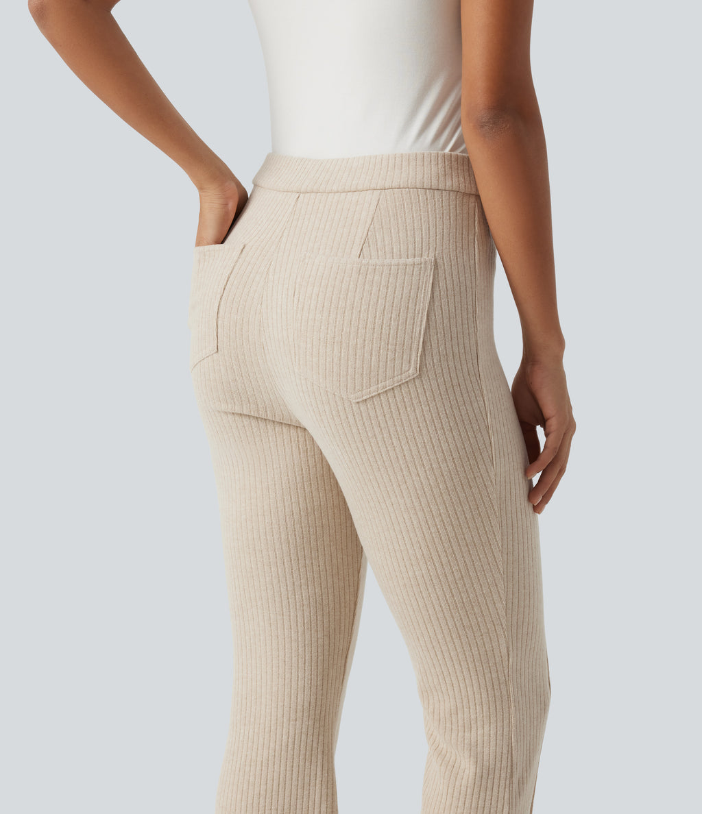 Ribbed Knit High Waisted Pintuck Casual Flare Trousers with Pockets — Fog — view 5