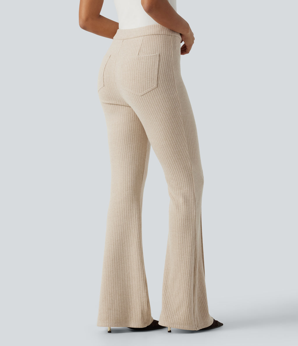 Ribbed Knit High Waisted Pintuck Casual Flare Trousers with Pockets — Fog — view 2
