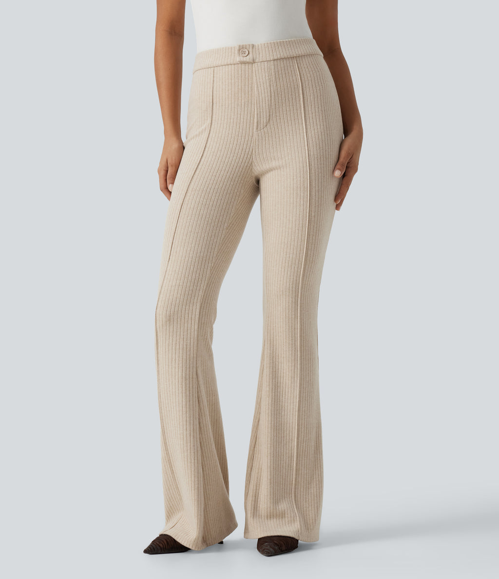 Ribbed Knit High Waisted Pintuck Casual Flare Trousers with Pockets — Fog — view 3