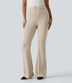 Ribbed Knit High Waisted Pintuck Casual Flare Trousers with Pockets — Fog — view 3