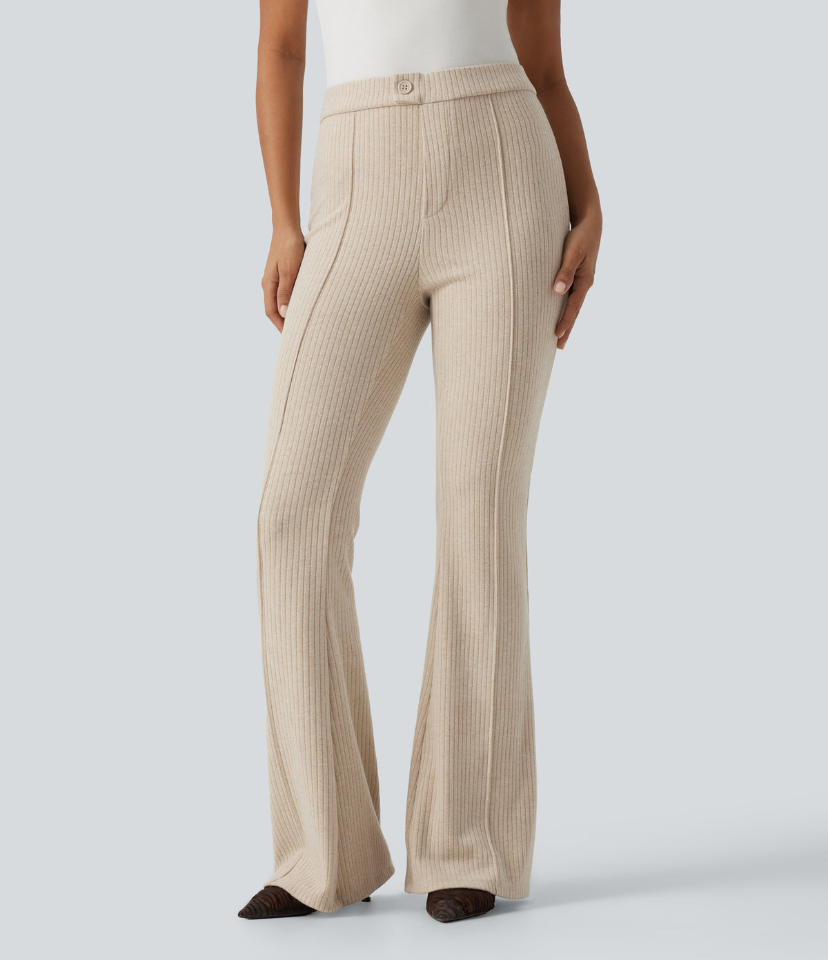 Ribbed Knit High Waisted Pintuck Casual Flare Trousers with Pockets — Fog — view 3