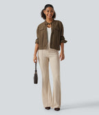 Ribbed Knit High Waisted Pintuck Casual Flare Trousers with Pockets — Fog — view 6