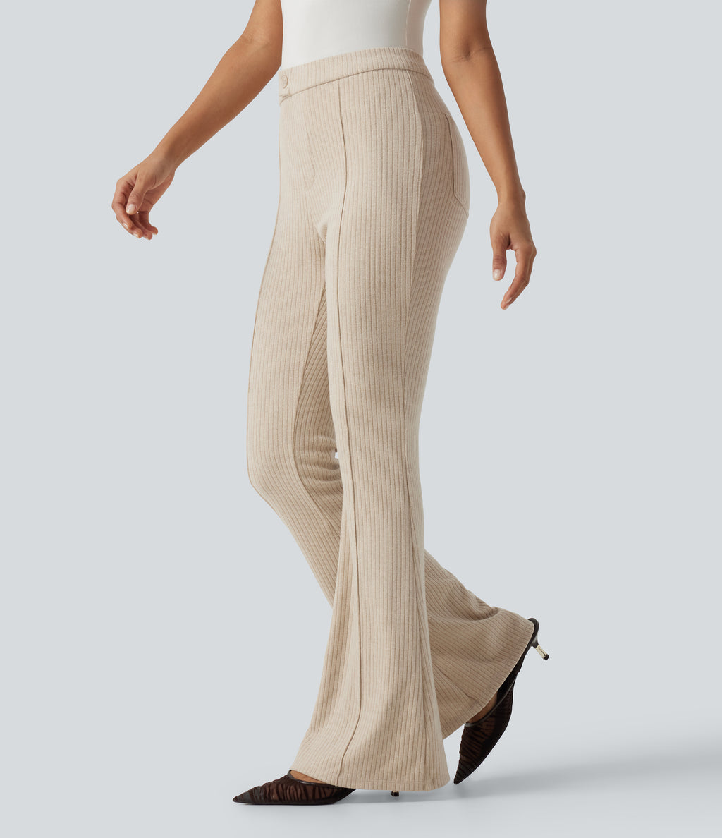 Ribbed Knit High Waisted Pintuck Casual Flare Trousers with Pockets — Fog — view 1