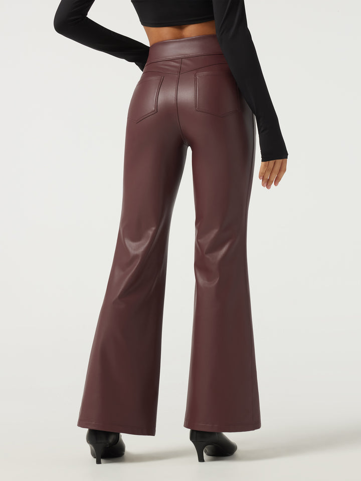 High Waisted Flare Contrast Mesh Stretchy PU Fleece Casual Trousers with Pockets — Andorra — view 2