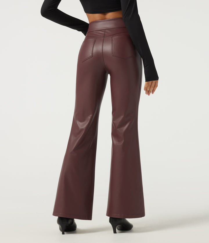 High Waisted Flare Contrast Mesh Stretchy PU Fleece Casual Trousers with Pockets — Andorra — view 2