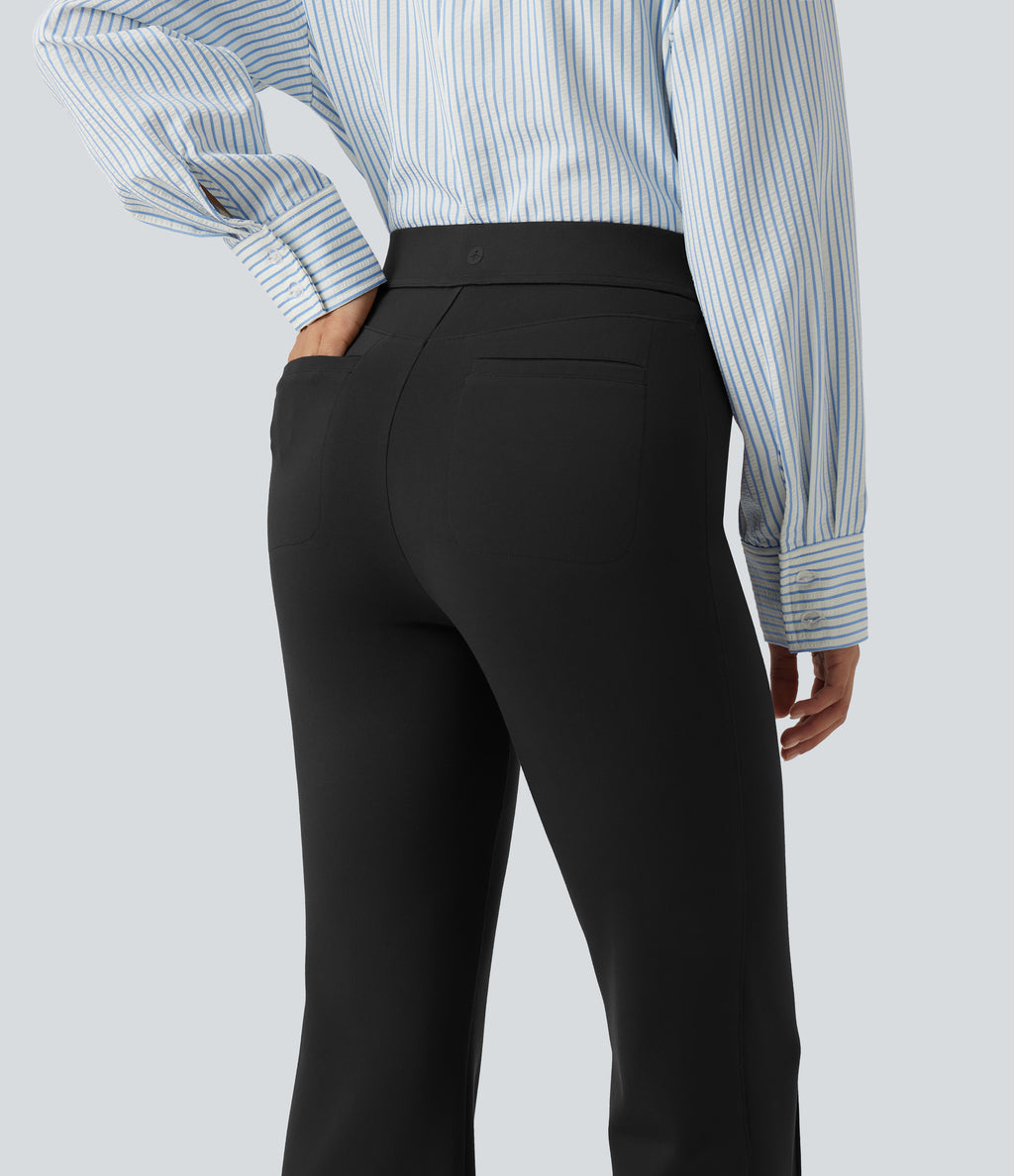 High Waisted Pintuck Work Bootcut Trousers with Pockets — Black — view 5