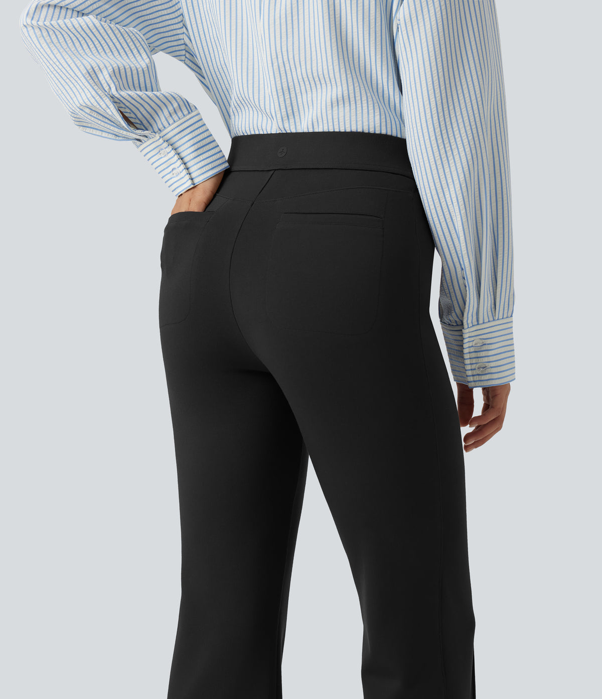 High Waisted Pintuck Work Bootcut Trousers with Pockets — Black — view 5