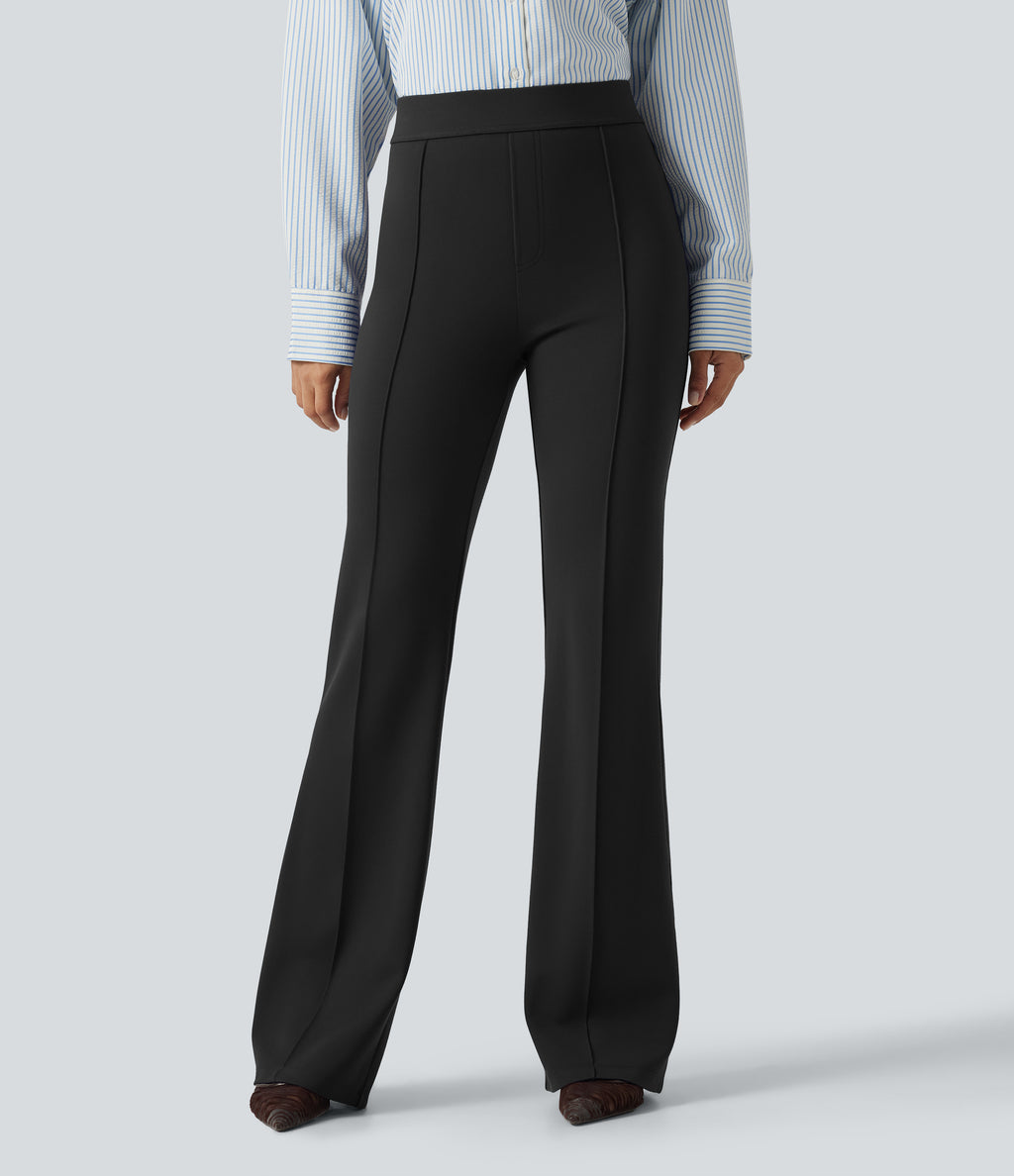 High Waisted Pintuck Work Bootcut Trousers with Pockets — Black — view 3