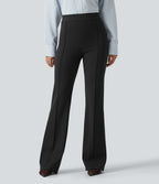 High Waisted Pintuck Work Bootcut Trousers with Pockets — Black — view 3