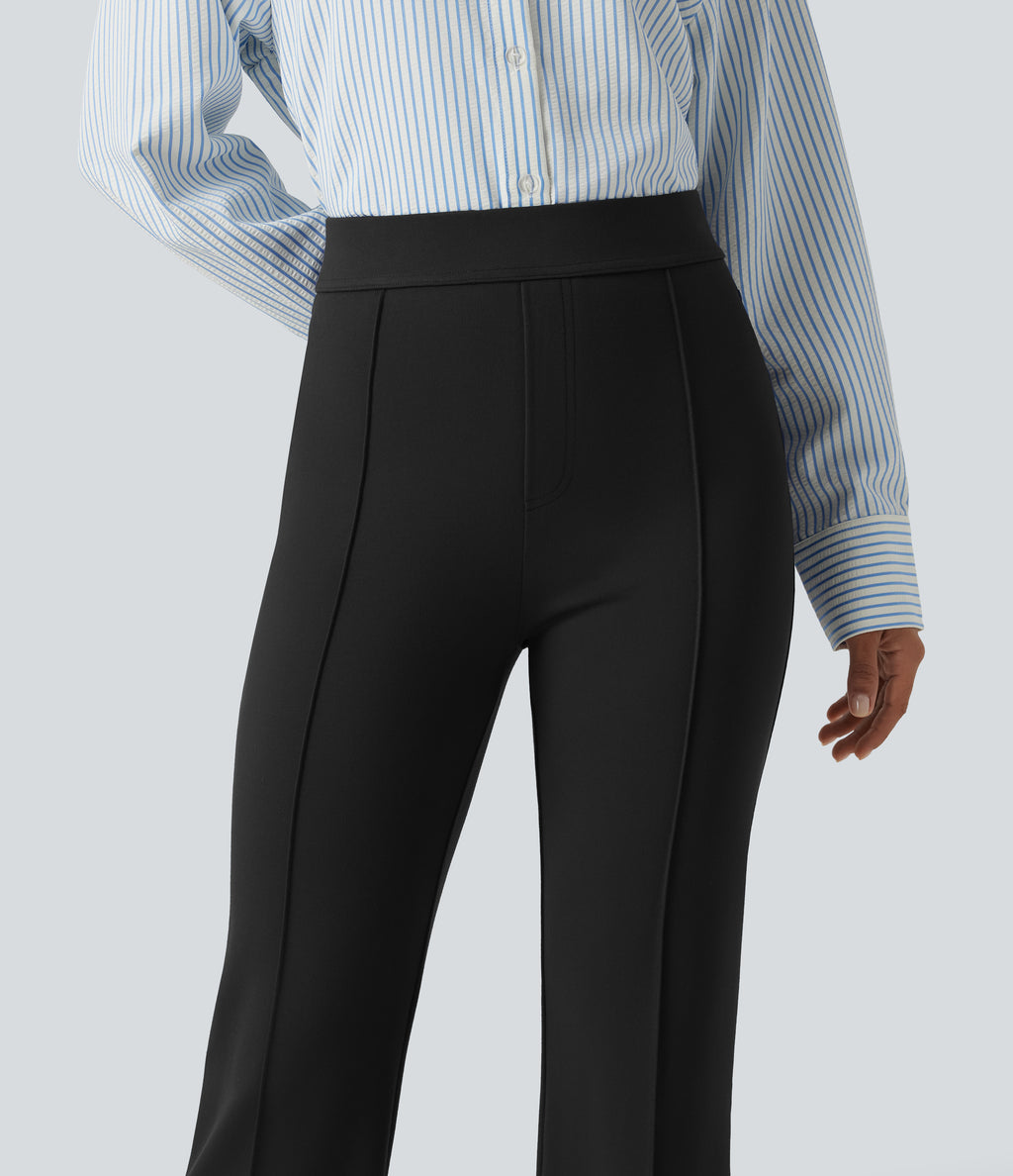 High Waisted Pintuck Work Bootcut Trousers with Pockets — Black — view 4
