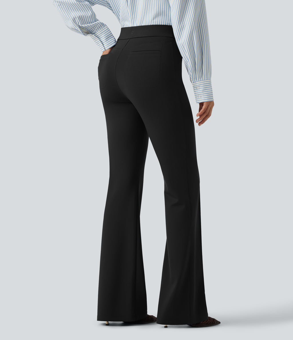 High Waisted Pintuck Work Bootcut Trousers with Pockets — Black — view 2
