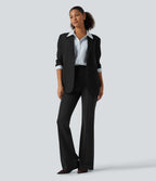 High Waisted Pintuck Work Bootcut Trousers with Pockets — Black — view 7