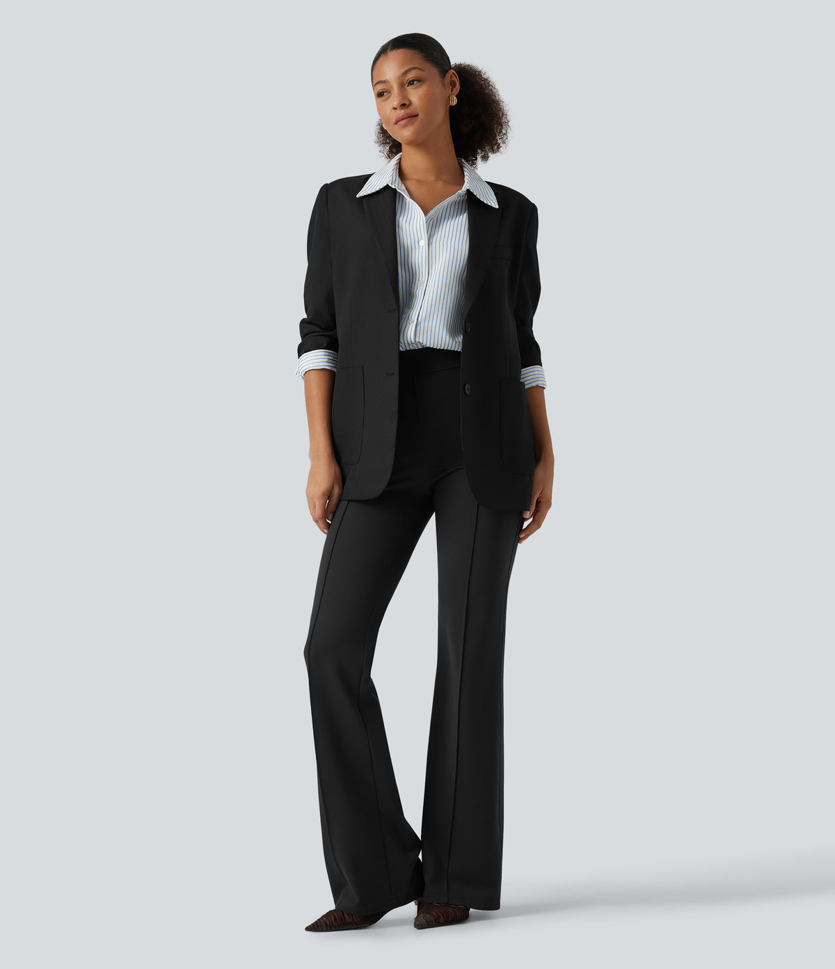 High Waisted Pintuck Work Bootcut Trousers with Pockets — Black — view 7