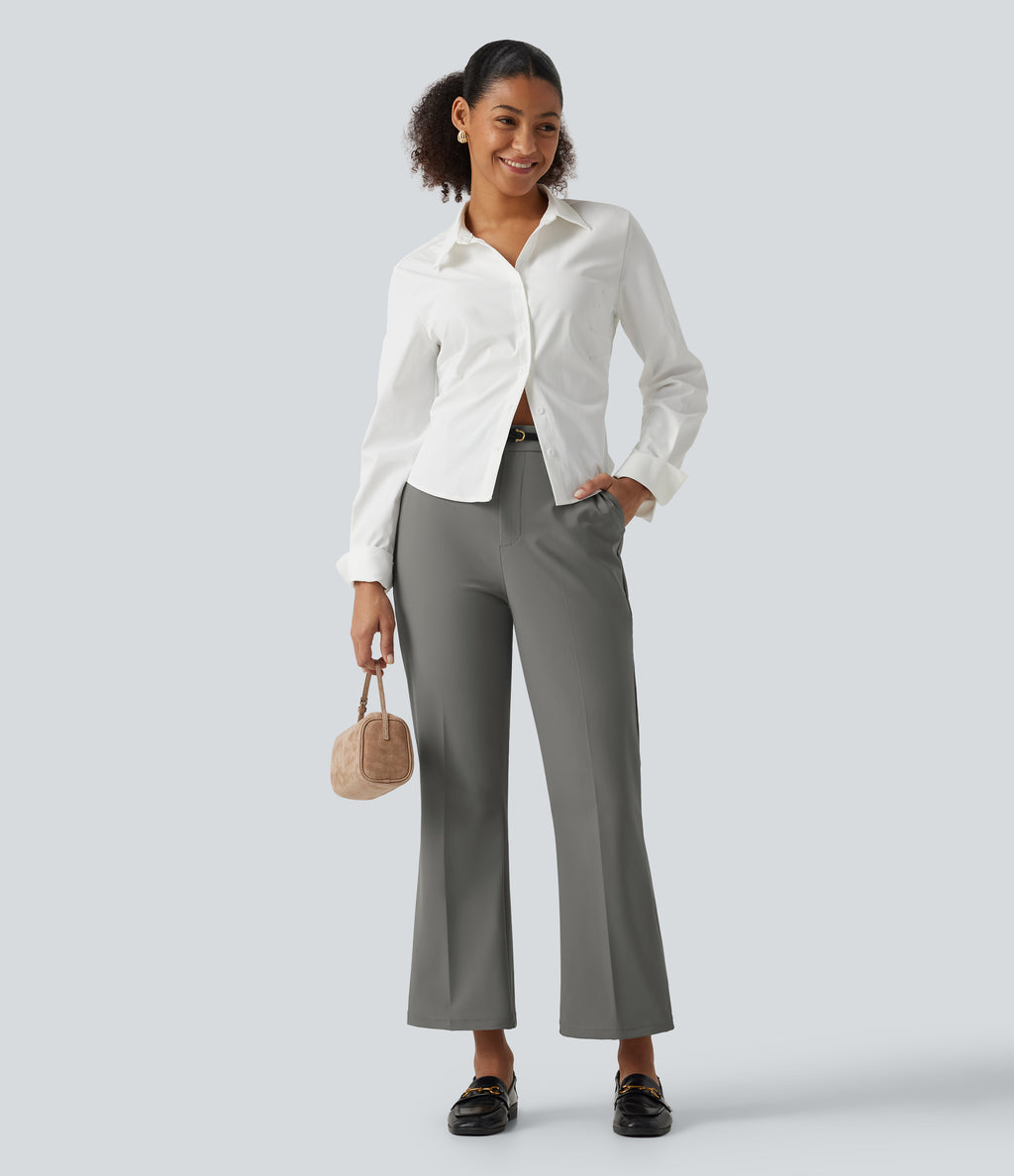 Wrinkle Recovery High Waisted Work Bootcut Trousers with Pockets — Silent Storm — view 7