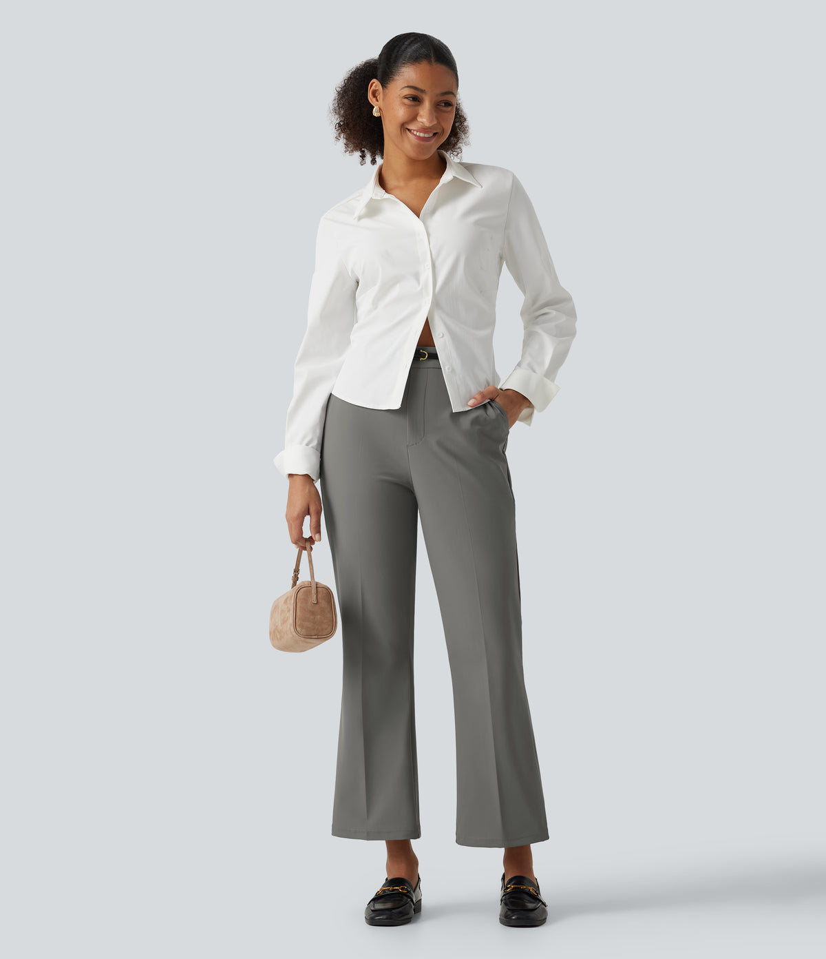 Wrinkle Recovery High Waisted Work Bootcut Trousers with Pockets — Silent Storm — view 7