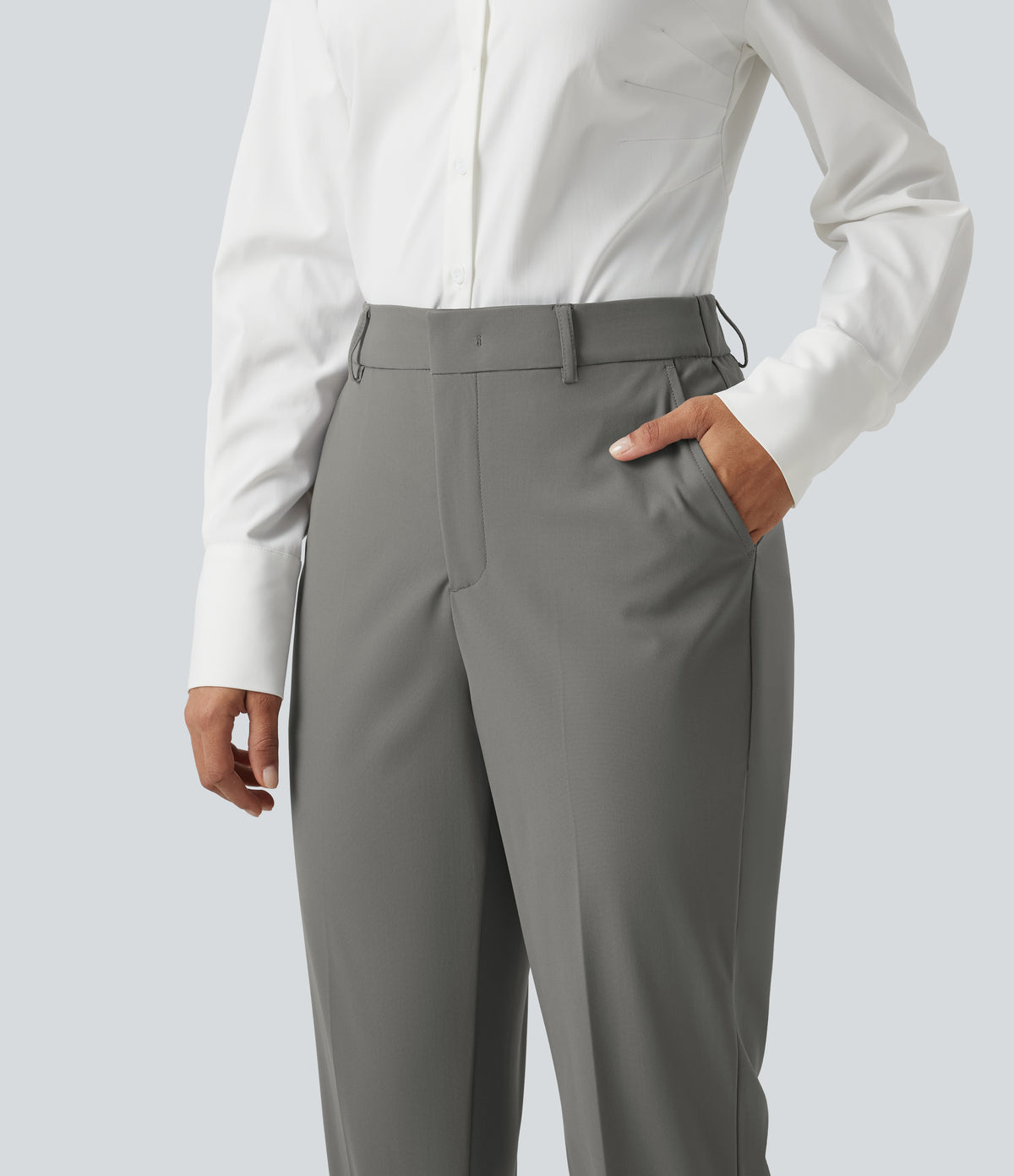 Wrinkle Recovery High Waisted Work Bootcut Trousers with Pockets — Silent Storm — view 4