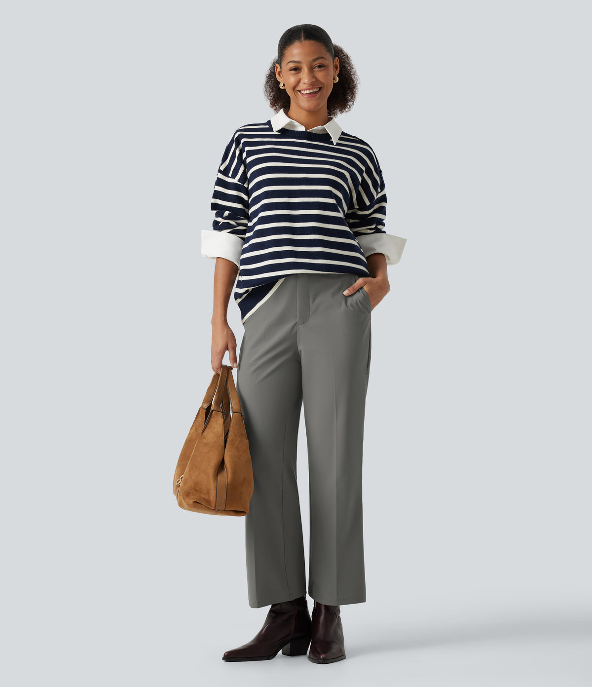 Wrinkle Recovery High Waisted Work Bootcut Trousers with Pockets — Silent Storm — view 6