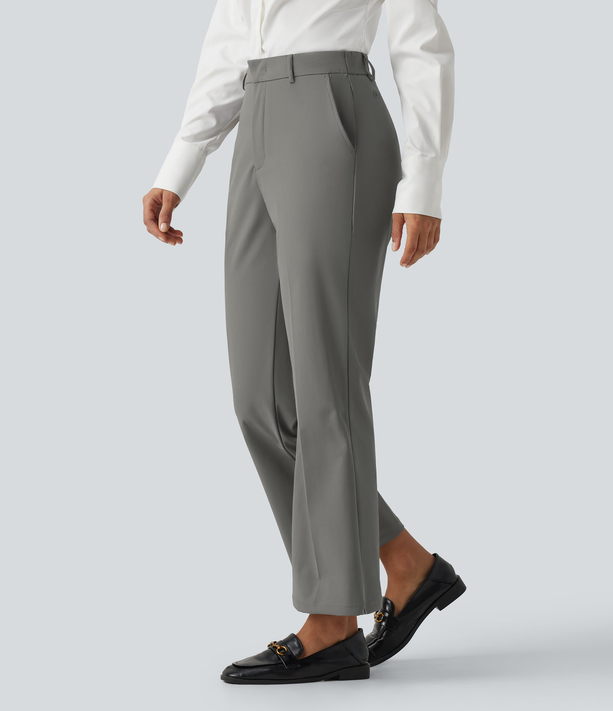 Wrinkle Recovery High Waisted Work Bootcut Trousers with Pockets — Silent Storm — view 3