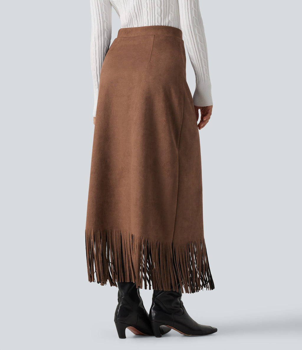 High Waisted Fringe Hem A-Line Suede Causal Midi Skirt — Pecan Pie — view 2