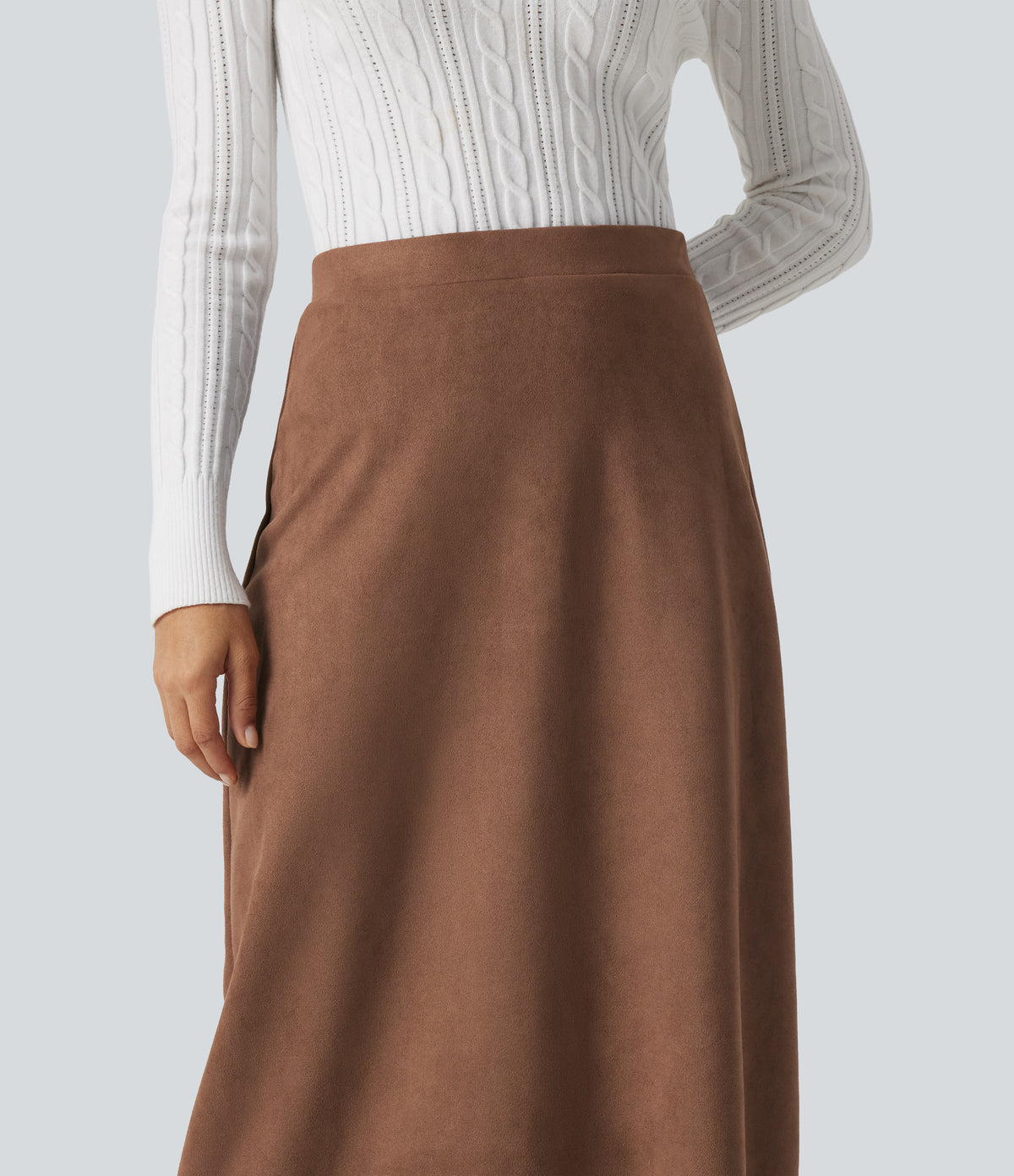 High Waisted Fringe Hem A-Line Suede Causal Midi Skirt — Pecan Pie — view 4