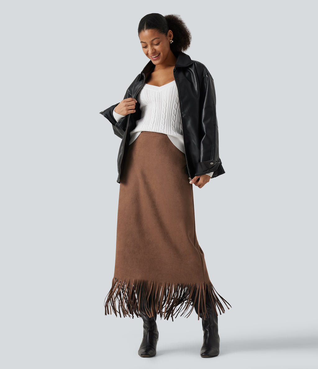 High Waisted Fringe Hem A-Line Suede Causal Midi Skirt — Pecan Pie — view 6