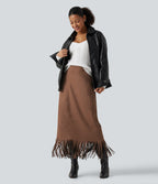 High Waisted Fringe Hem A-Line Suede Causal Midi Skirt — Pecan Pie — view 6