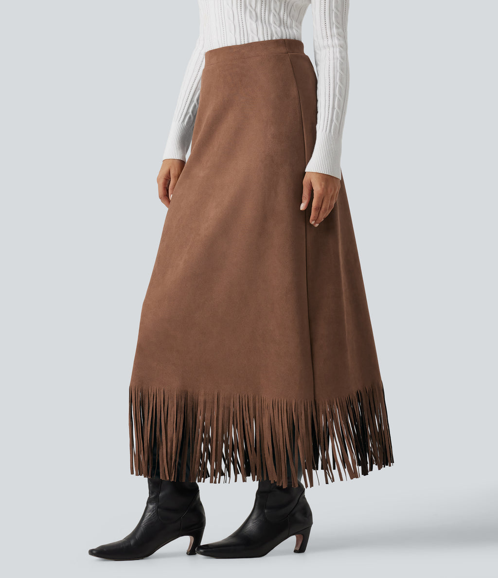 High Waisted Fringe Hem A-Line Suede Causal Midi Skirt — Pecan Pie — view 3