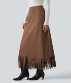 High Waisted Fringe Hem A-Line Suede Causal Midi Skirt — Pecan Pie — view 3