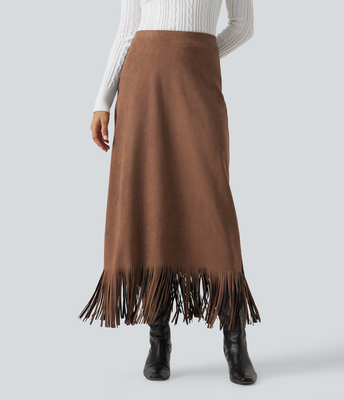 High Waisted Fringe Hem A-Line Suede Causal Midi Skirt — Pecan Pie — view 1
