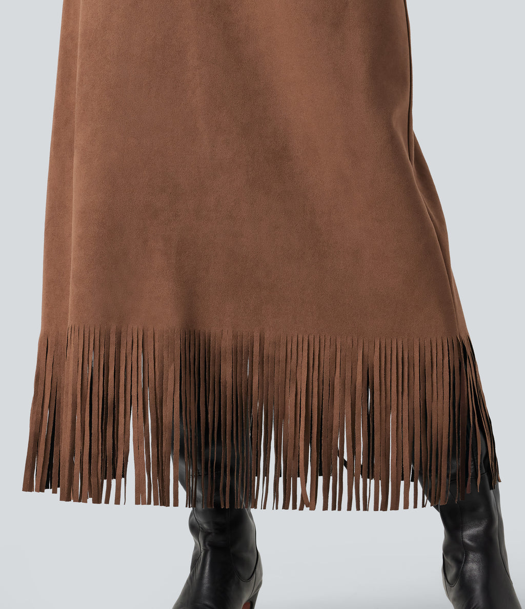 High Waisted Fringe Hem A-Line Suede Causal Midi Skirt — Pecan Pie — view 5