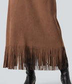 High Waisted Fringe Hem A-Line Suede Causal Midi Skirt — Pecan Pie — view 5
