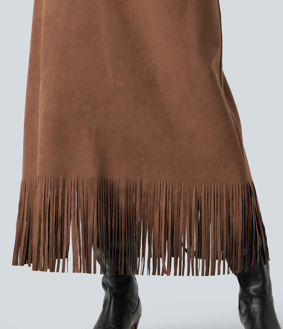 High Waisted Fringe Hem A-Line Suede Causal Midi Skirt — Pecan Pie — view 5