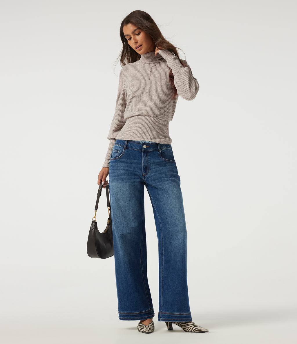 Ribbed Knit High Neck Puff Long Sleeve Ruched Casual Top — Smoked Olive — view 6