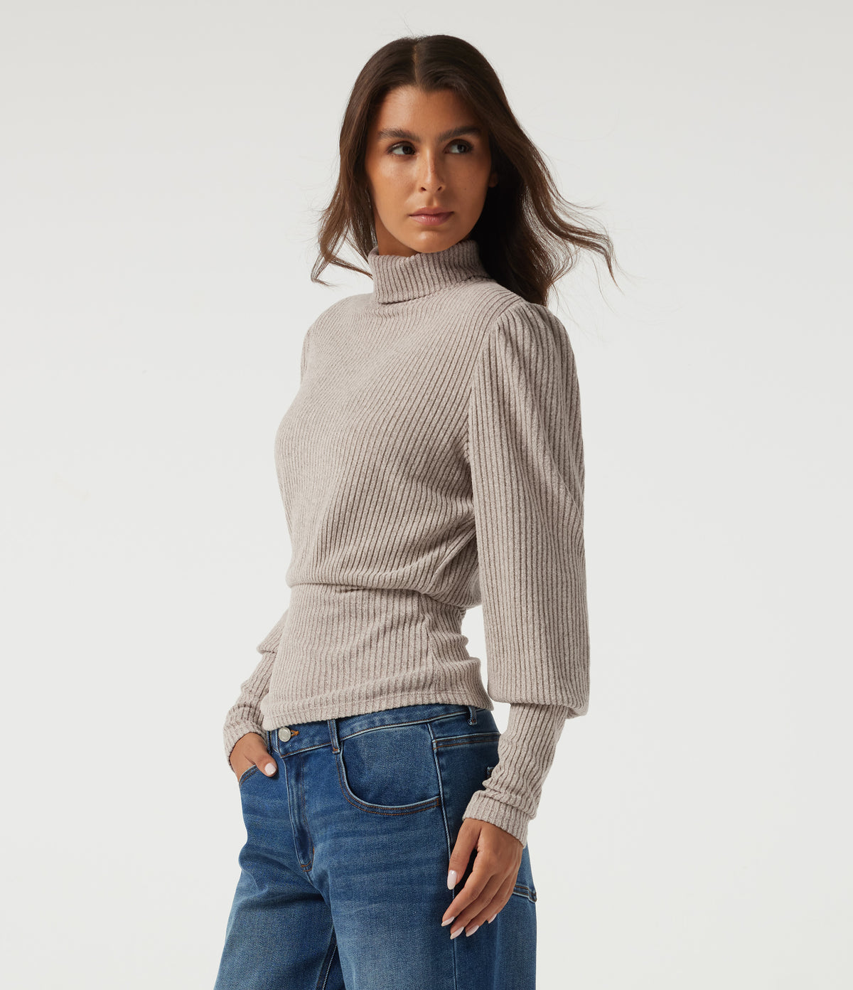 Ribbed Knit High Neck Puff Long Sleeve Ruched Casual Top — Smoked Olive — view 3