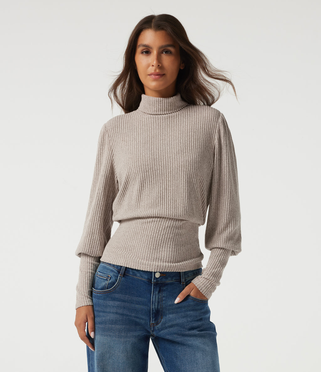 Ribbed Knit High Neck Puff Long Sleeve Ruched Casual Top — Smoked Olive — view 4